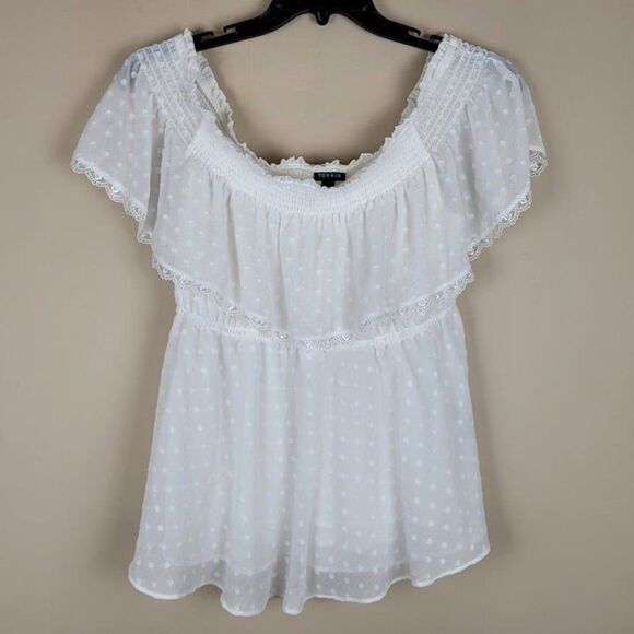 Torrid Size 1X Swiss Dot Off-Shoulder Top Lace Short Sleeve Blouse White - Picture 2 of 11